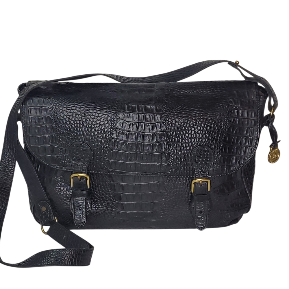 Vintage Brahmin Black Crocodile-Embossed Leather Messenger Bag